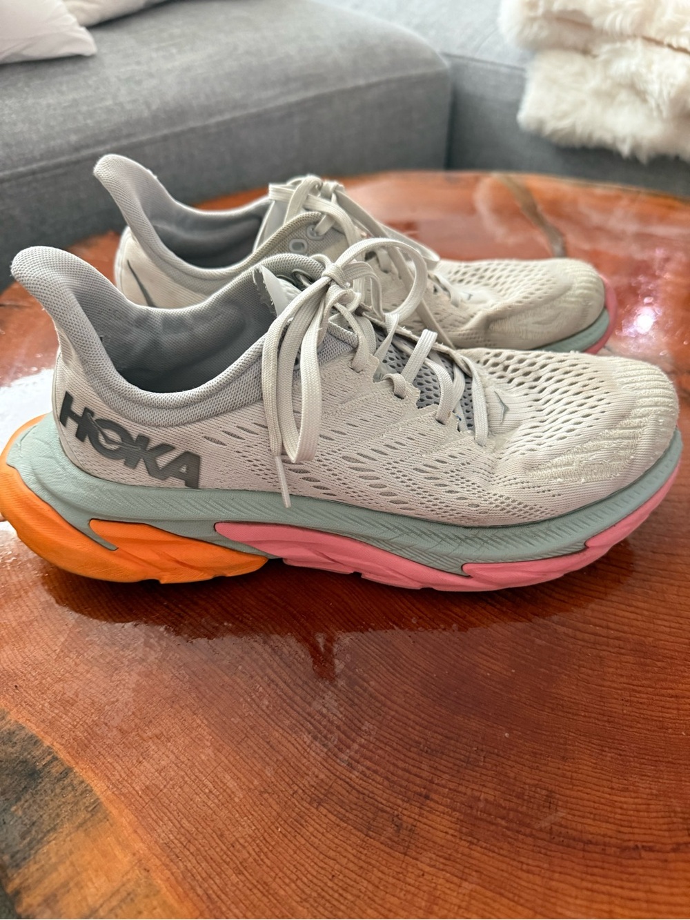 Hoka Women's Running Shoes in Light Gray with Pink & Orange Accents